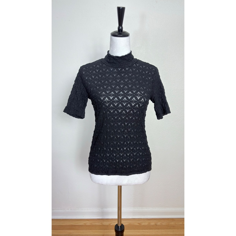 Tahari Sheer Black Floral Lace Mock Neck Half Sleeve Top Size Small Whimsigoth